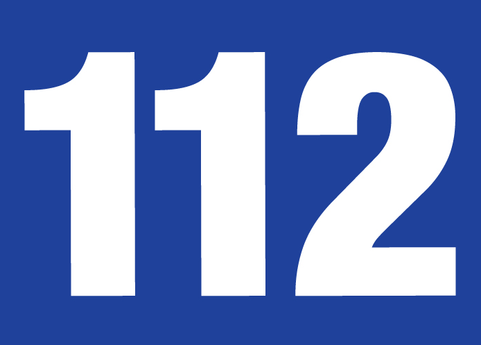 On blue backround white numbers 112