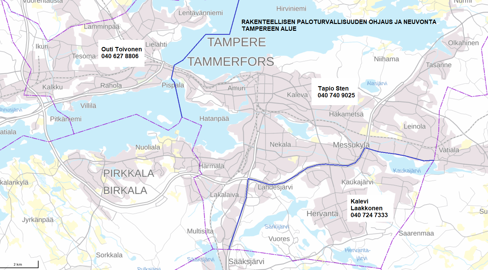 Karttakuva Tampereesta, johon merkattu palotarkastajat yllä olevan mukaisesti.