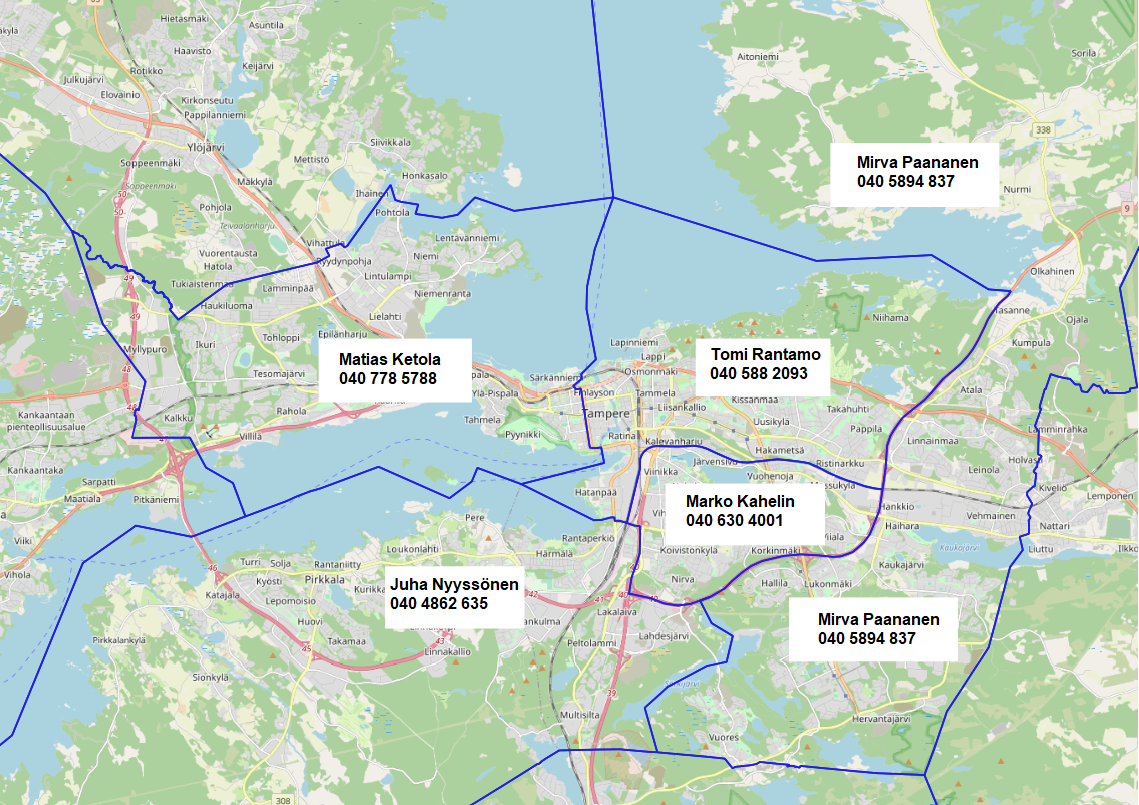 Tampereen karttaa, johon merkattu palotarkastajien alueita.