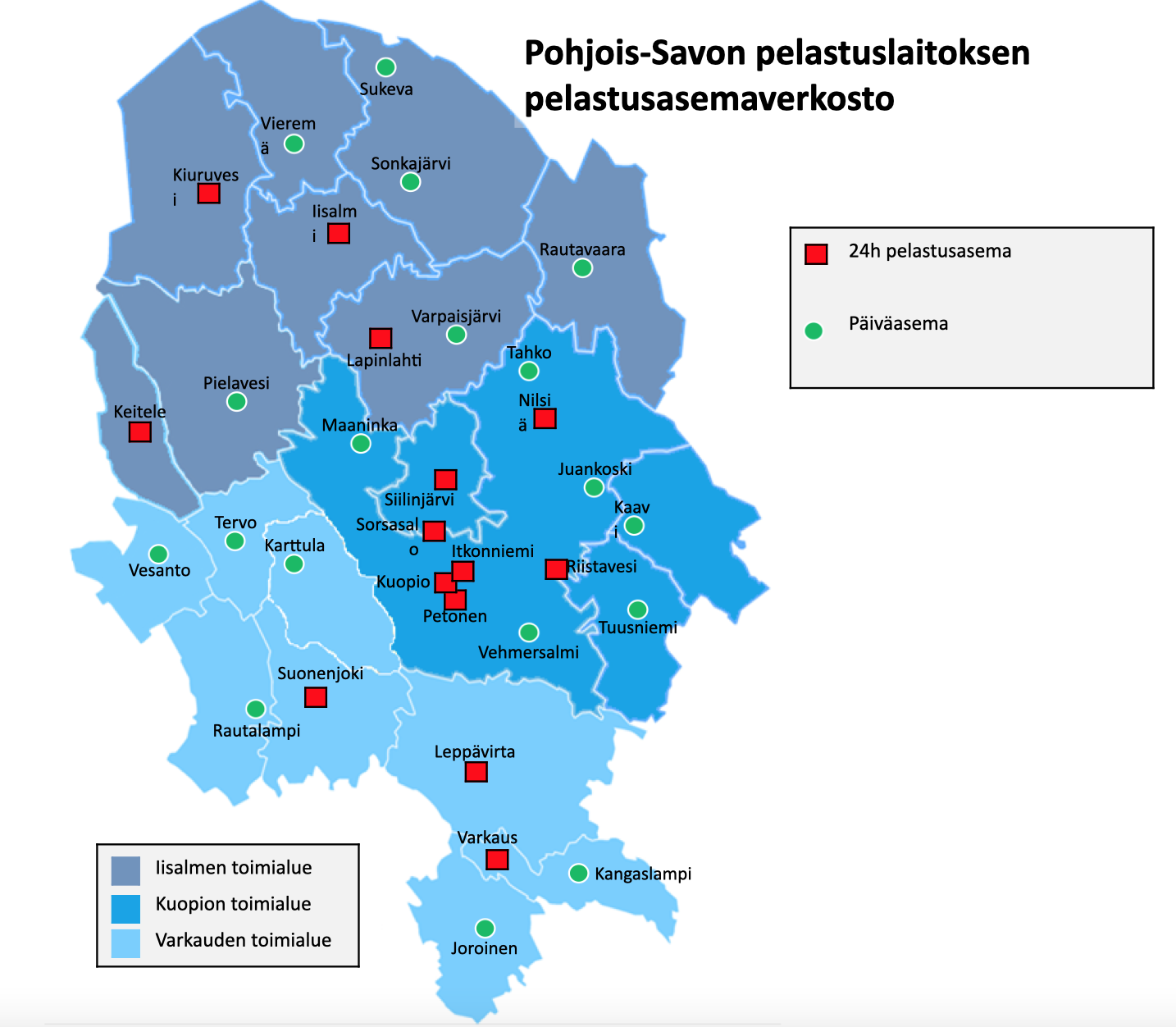 Kuvassa Pohjois-Savon pelastuslaitoksen pelastusasemaverkosto. Löydät tarkemmat asematiedot yhteystiedoista. 